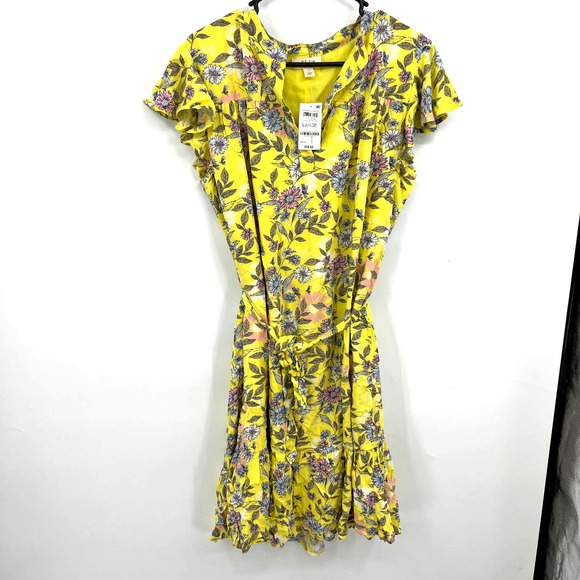 Style & Co Yellow Floral Flutter Sleeve Ruffle Summer Dress Size L Large New - Picture 2 of 10
